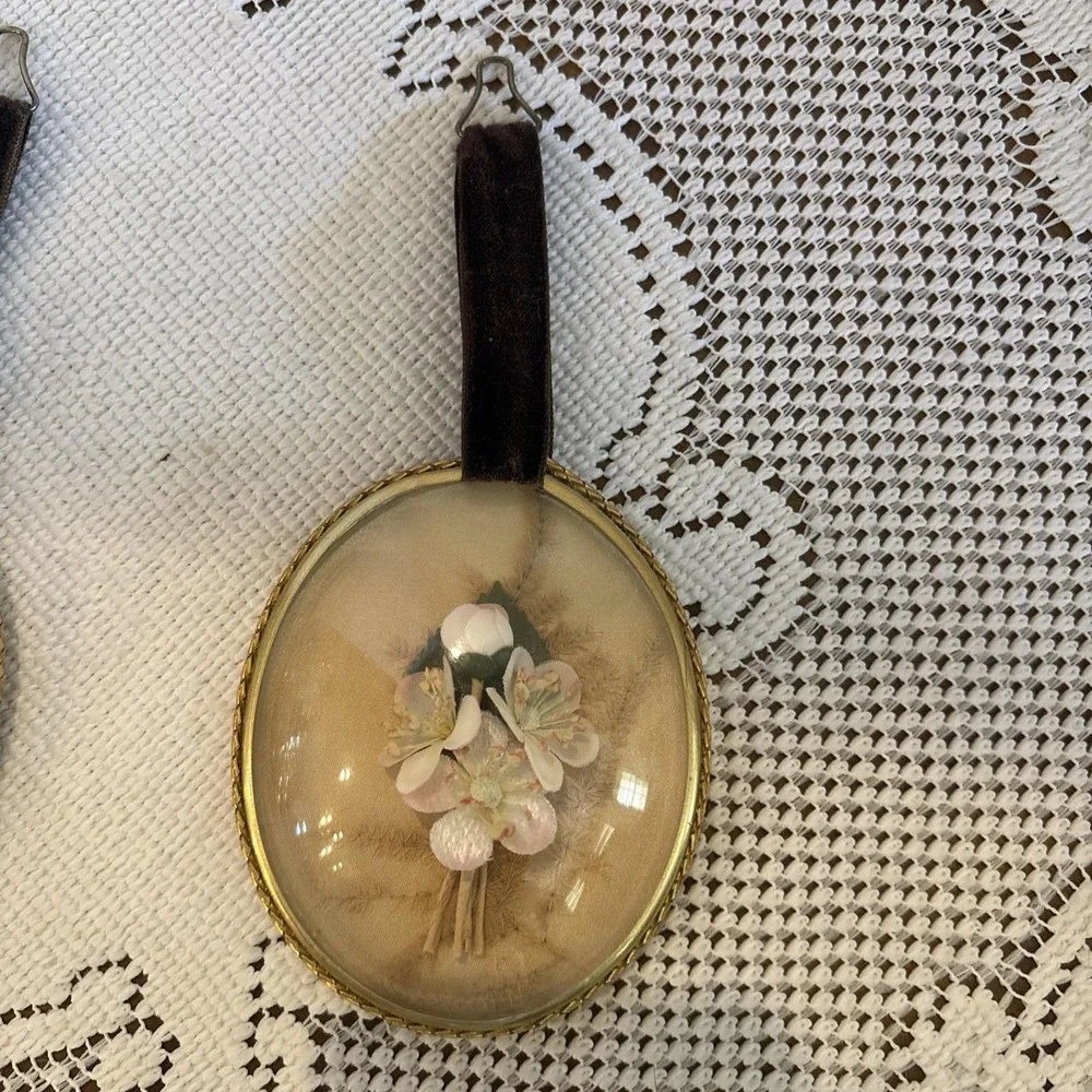 Dried Flowers in Domed Oval Frame Vintage Wall Hang. Velvet. Set Of 2.